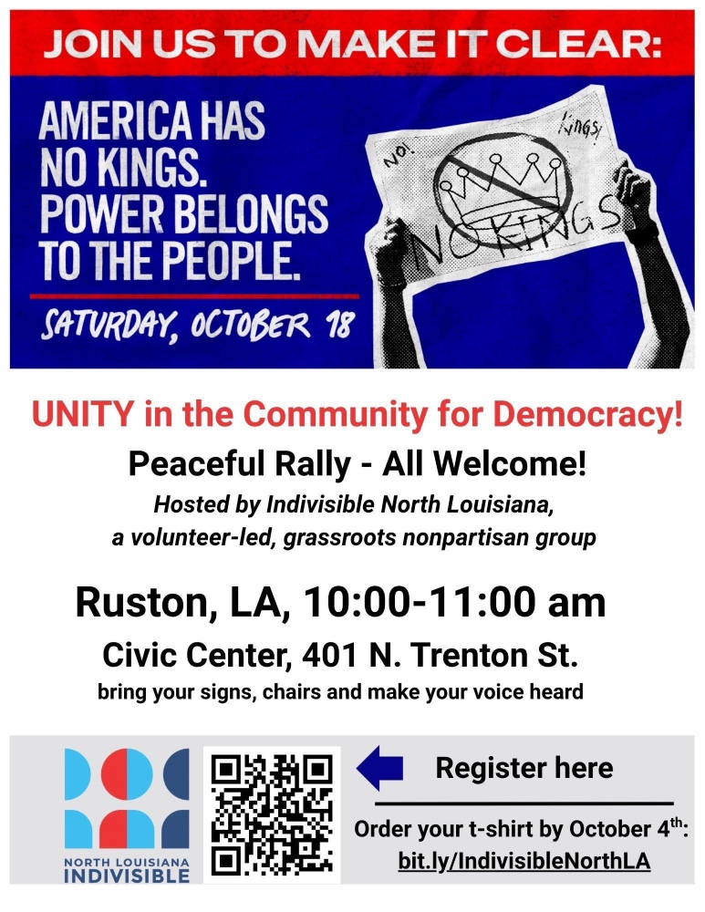 Unity in the Community for Democracy on Saturday, October 18 from 10 to 11am at the Civic Center in Ruston, 401 N. Trenton St.
